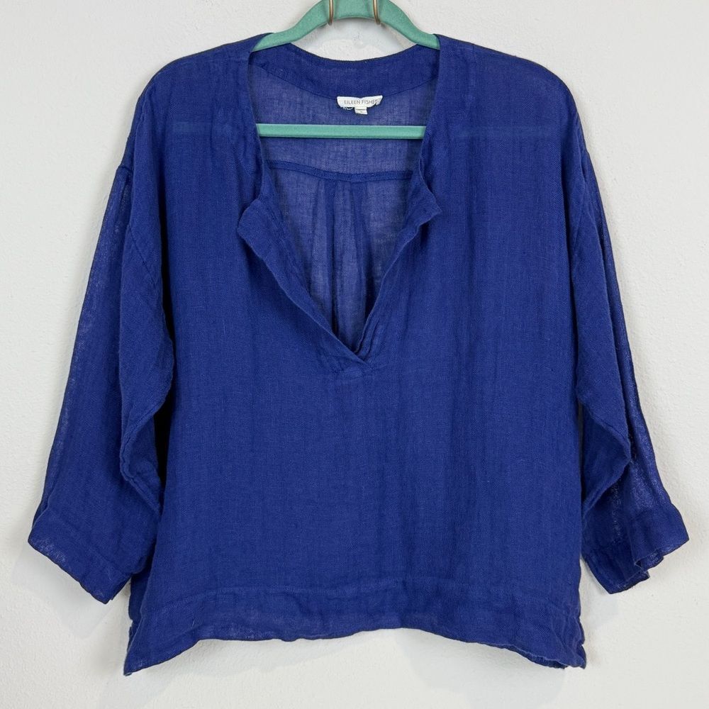 Eileen Fisher Blue Linen V-Neck Oversized Top S